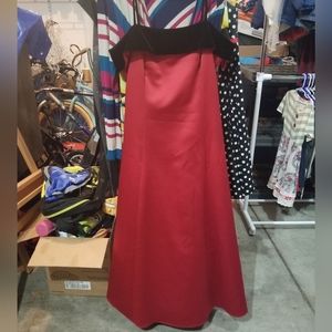 Red satin with black velvet border a line dress. Size 14P. Only worn once.
